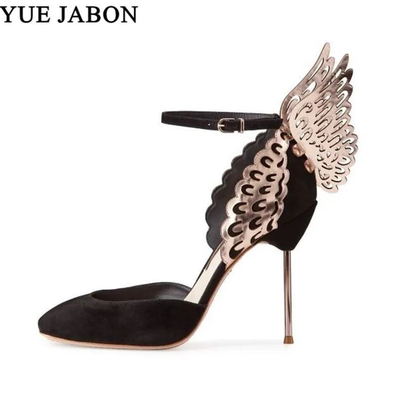 YUE JABON Negru Curea Glezna Fluture Pompe Manual de Catifea, Design de Lux Doamnelor Pantofi de Partid Aur Aripa Negru Pantofi de Nunta pentru Femei Imagine 4