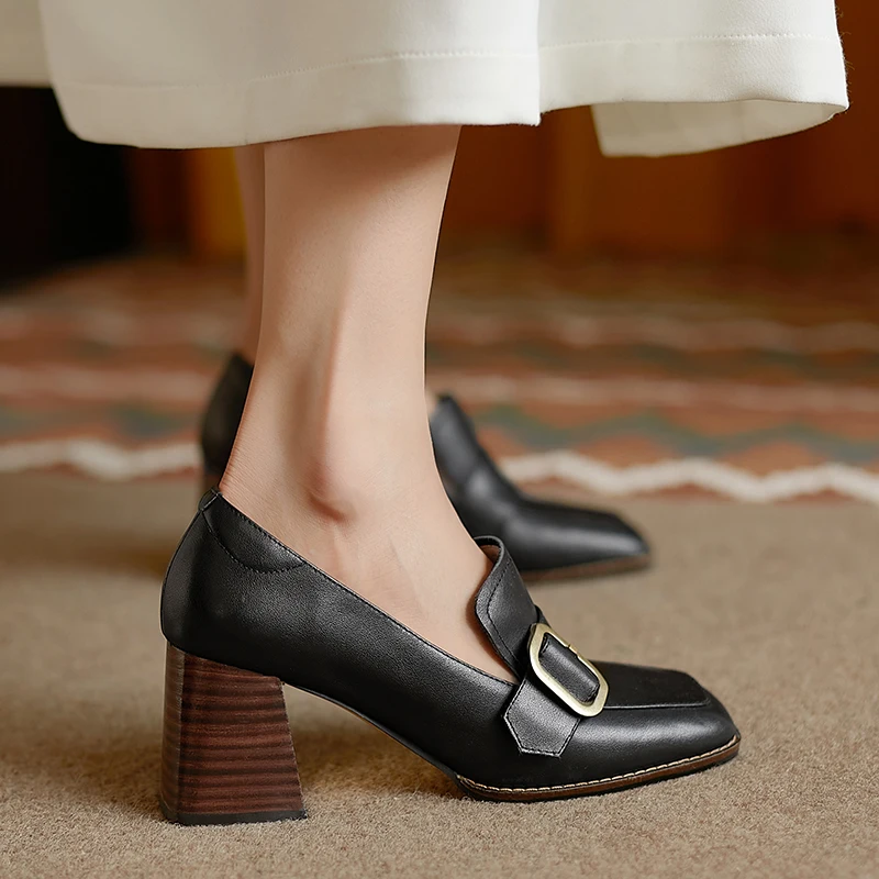 2022 Femei Piele Naturala Casual Cu Toc Mic Alunecare Pe Pantofi De Sex Feminin, De Primăvară De Toamnă Retro Square Toe Catarama Femei Pompe De Pantofi Oxford Imagine 3