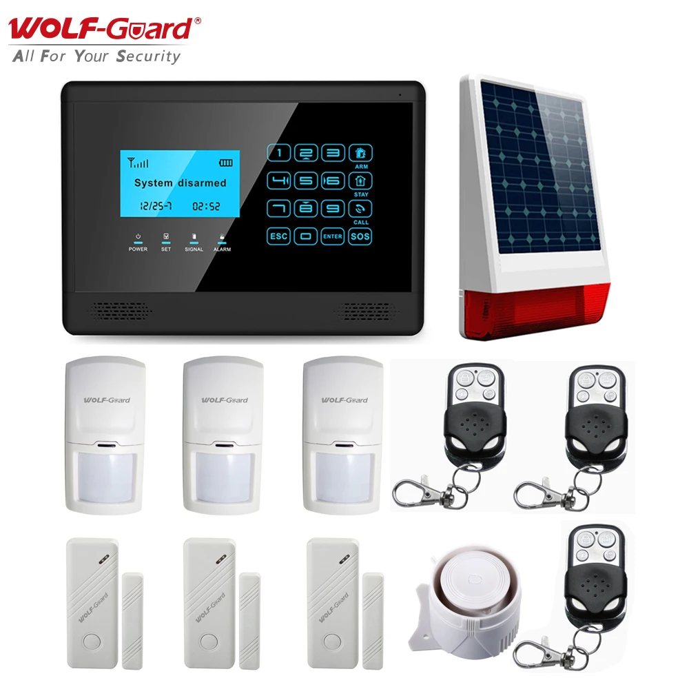 Wolf-Guard LCD Wireless GSM SMS-uri de Alarmă Acasă de Securitate Antiefractie Sistem Solar Sirena PIR Detector de Mișcare Senzor de Usa de Control de la Distanță Imagine 2
