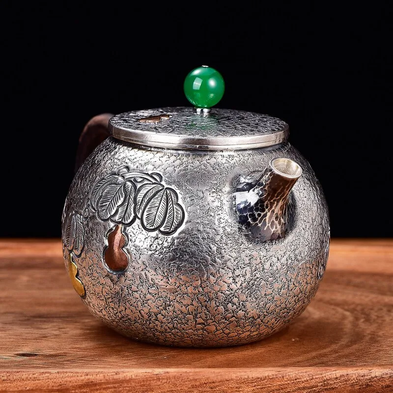 Oală de argint 999 argint ceainic jad cules plate cover tărtăcuță manual retro fierbător practic set de ceai de argint 163g 200ml Imagine 0