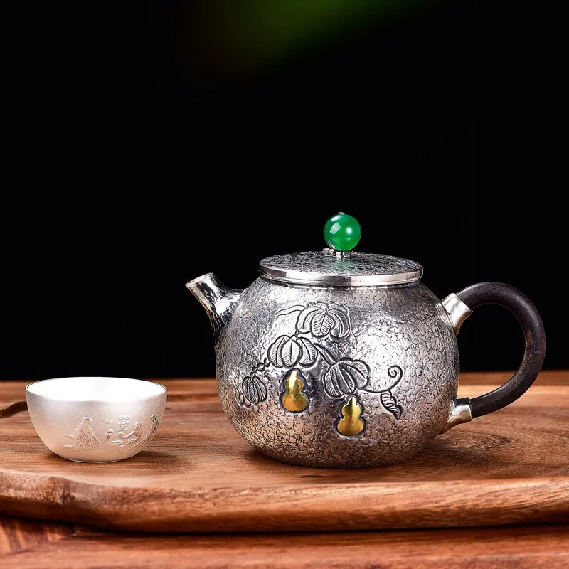 Oală de argint 999 argint ceainic jad cules plate cover tărtăcuță manual retro fierbător practic set de ceai de argint 163g 200ml Imagine 1