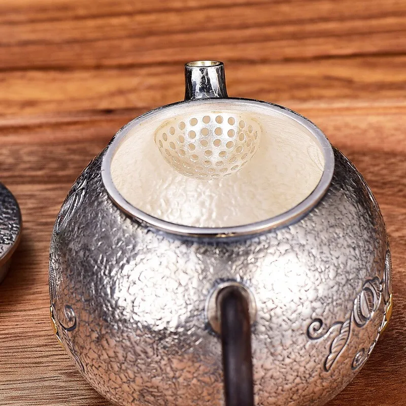 Oală de argint 999 argint ceainic jad cules plate cover tărtăcuță manual retro fierbător practic set de ceai de argint 163g 200ml Imagine 2