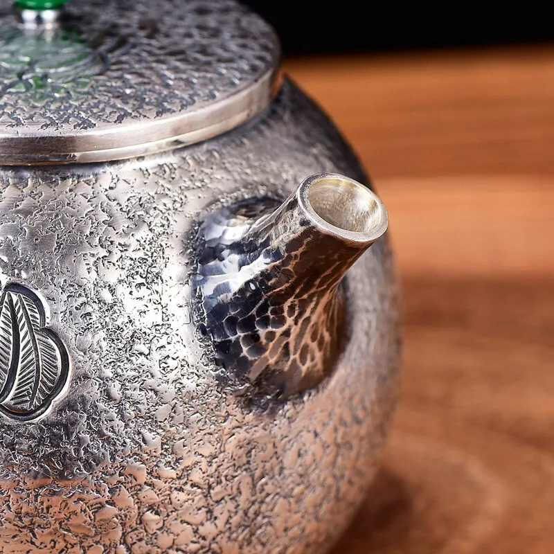 Oală de argint 999 argint ceainic jad cules plate cover tărtăcuță manual retro fierbător practic set de ceai de argint 163g 200ml Imagine 4