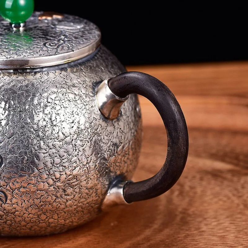 Oală de argint 999 argint ceainic jad cules plate cover tărtăcuță manual retro fierbător practic set de ceai de argint 163g 200ml Imagine 5
