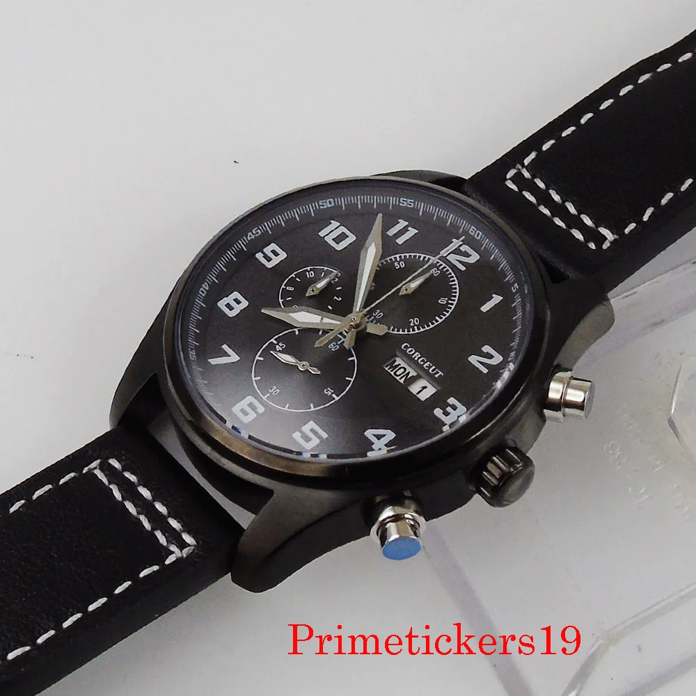 CORGEUT 42mm negru PVD placat cu cuarț circulație barbati ceas cronograf zi de afișare săptămână curea din piele neagra solid înapoi Imagine 0