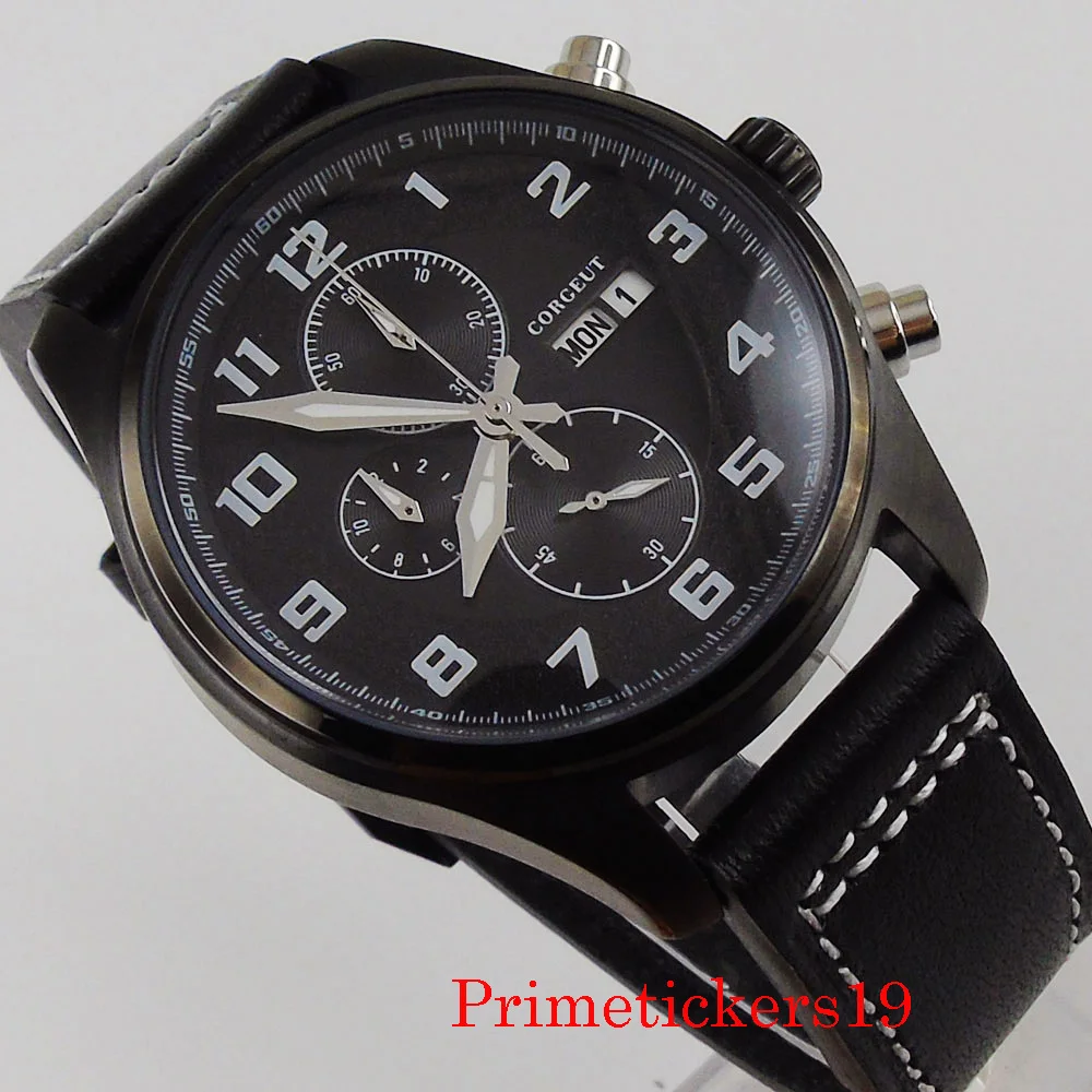 CORGEUT 42mm negru PVD placat cu cuarț circulație barbati ceas cronograf zi de afișare săptămână curea din piele neagra solid înapoi Imagine 1