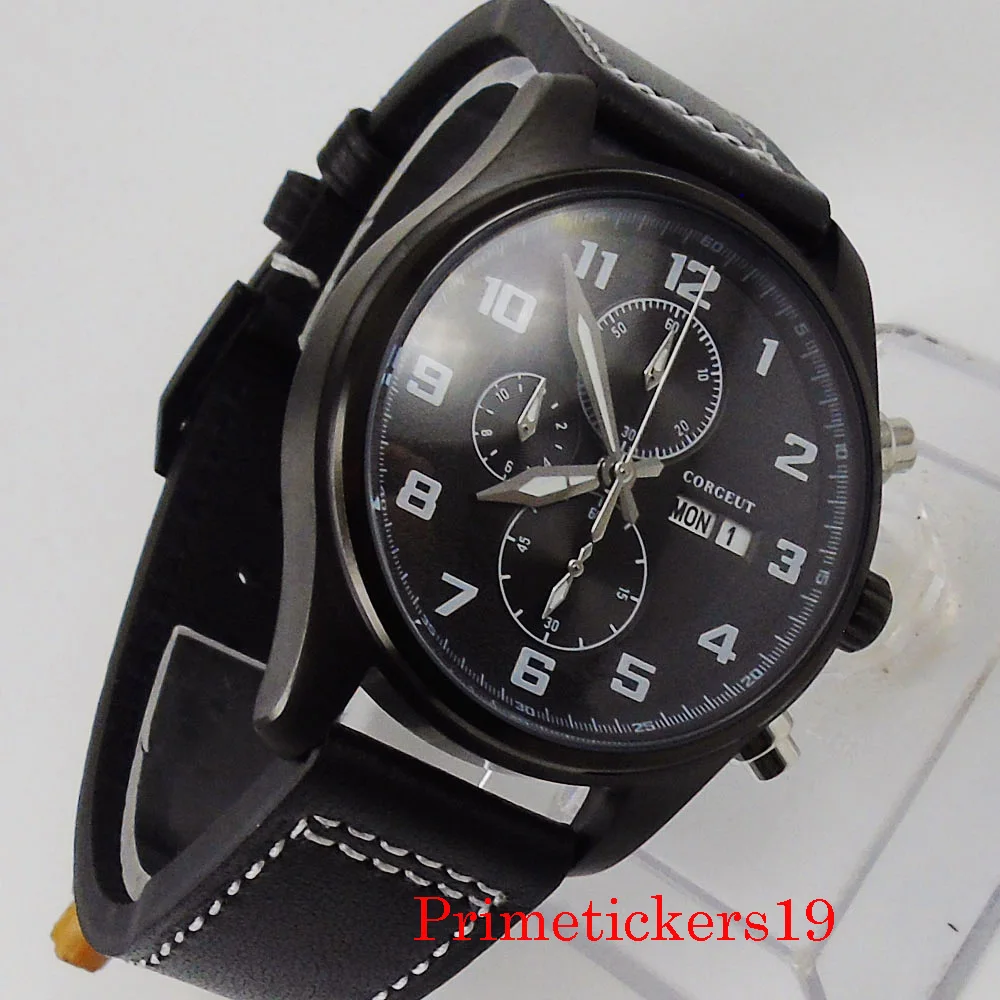 CORGEUT 42mm negru PVD placat cu cuarț circulație barbati ceas cronograf zi de afișare săptămână curea din piele neagra solid înapoi Imagine 2
