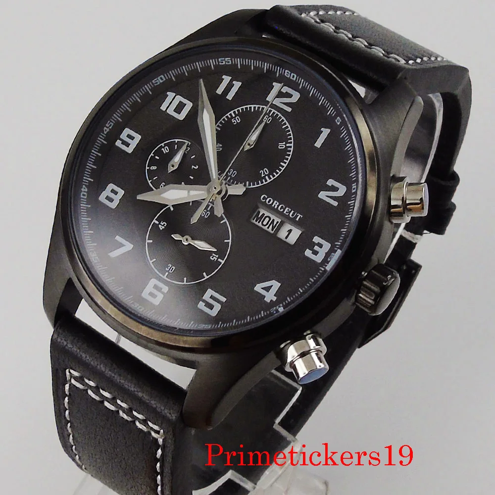 CORGEUT 42mm negru PVD placat cu cuarț circulație barbati ceas cronograf zi de afișare săptămână curea din piele neagra solid înapoi Imagine 3