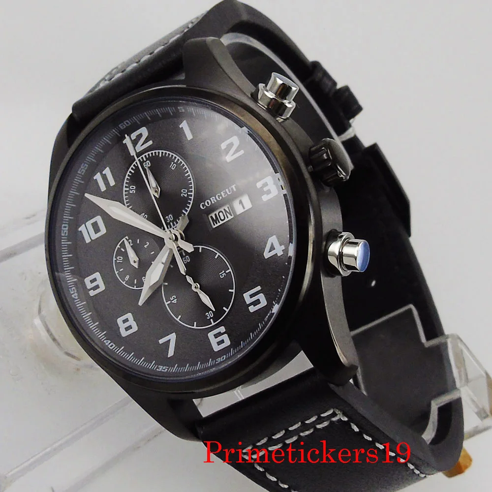 CORGEUT 42mm negru PVD placat cu cuarț circulație barbati ceas cronograf zi de afișare săptămână curea din piele neagra solid înapoi Imagine 5