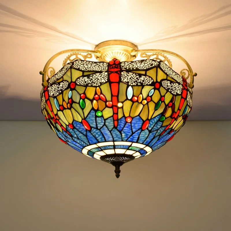 40cm Europene în Stil Mediteranean Libelule Colorate de Sticlă Restaurant Dormitor coridor Coridor de Sticlă Semi-Agățat Lampă de Plafon Imagine 3