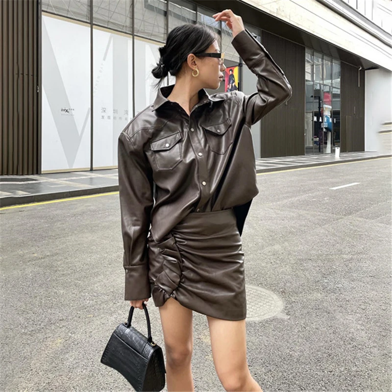 Brand la modă toamna și iarna NOU stil camasa geaca de piele jacheta 2021 moda pentru femei buzunar decor scule sacou bing Imagine 3