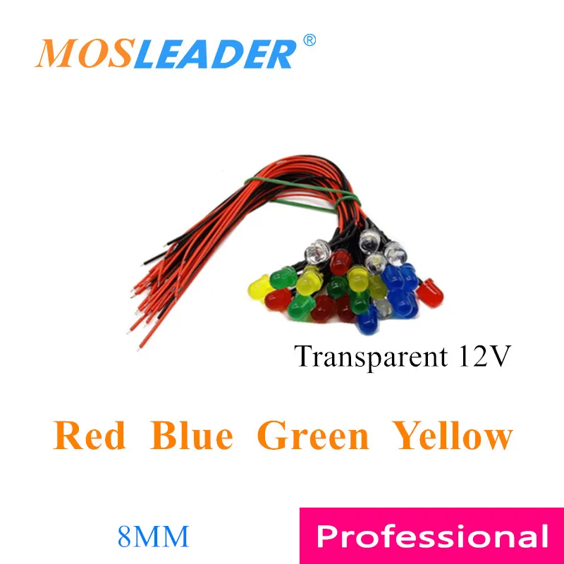 Mosleader 500pcs 8MM 12V LED cu fir 20CM Rosu Albastru Verde Culoare Galben rândul său, de culoare Transparent Precablat Diodă Emițătoare de Lumină Imagine 0