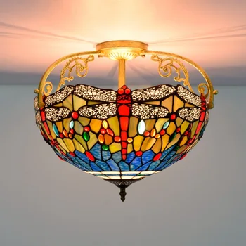 40cm Europene în Stil Mediteranean Libelule Colorate de Sticlă Restaurant Dormitor coridor Coridor de Sticlă Semi-Agățat Lampă de Plafon