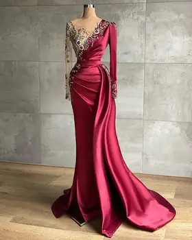 Arabă Aso Ebi Visiniu Lux Sirena Rochii de Seara cu Margele Cristale Pur maneca lunga rochie de bal cu partea tren