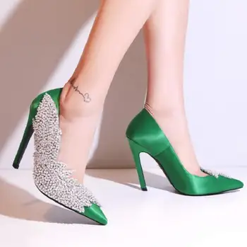 Femeie Fierbinte Roz Negru Rosu Verde De Mătase, Paiete De Diamante Pompe Bling Cristal Superficial Alunecare Pe Tocuri Subtiri Subliniat Toe Pantofi De Nunta
