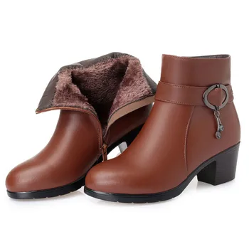 Iarna femeile de varsta mijlocie s-cizme scurte cu toc gros si catifea cald cizme din piele de lână de bumbac, pantofi mari, rezistent la apa calda