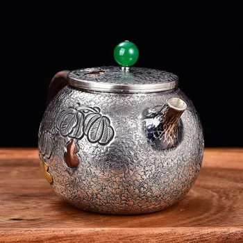 Oală de argint 999 argint ceainic jad cules plate cover tărtăcuță manual retro fierbător practic set de ceai de argint 163g 200ml