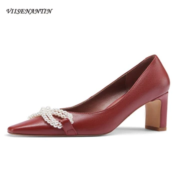 Perla singur pantofi femei toc gros primavara franceză tocuri deget de la picior pătrat de piele de vacă retro superficial gura pantofi de nunta